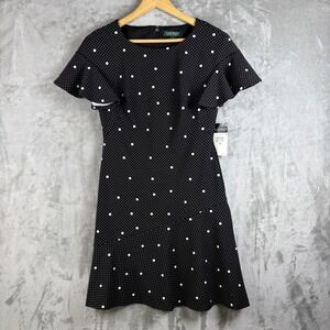 NWT Lauren Ralph Lauren Womens Polka Dot Flutter Sleeve Dress Black White 2P